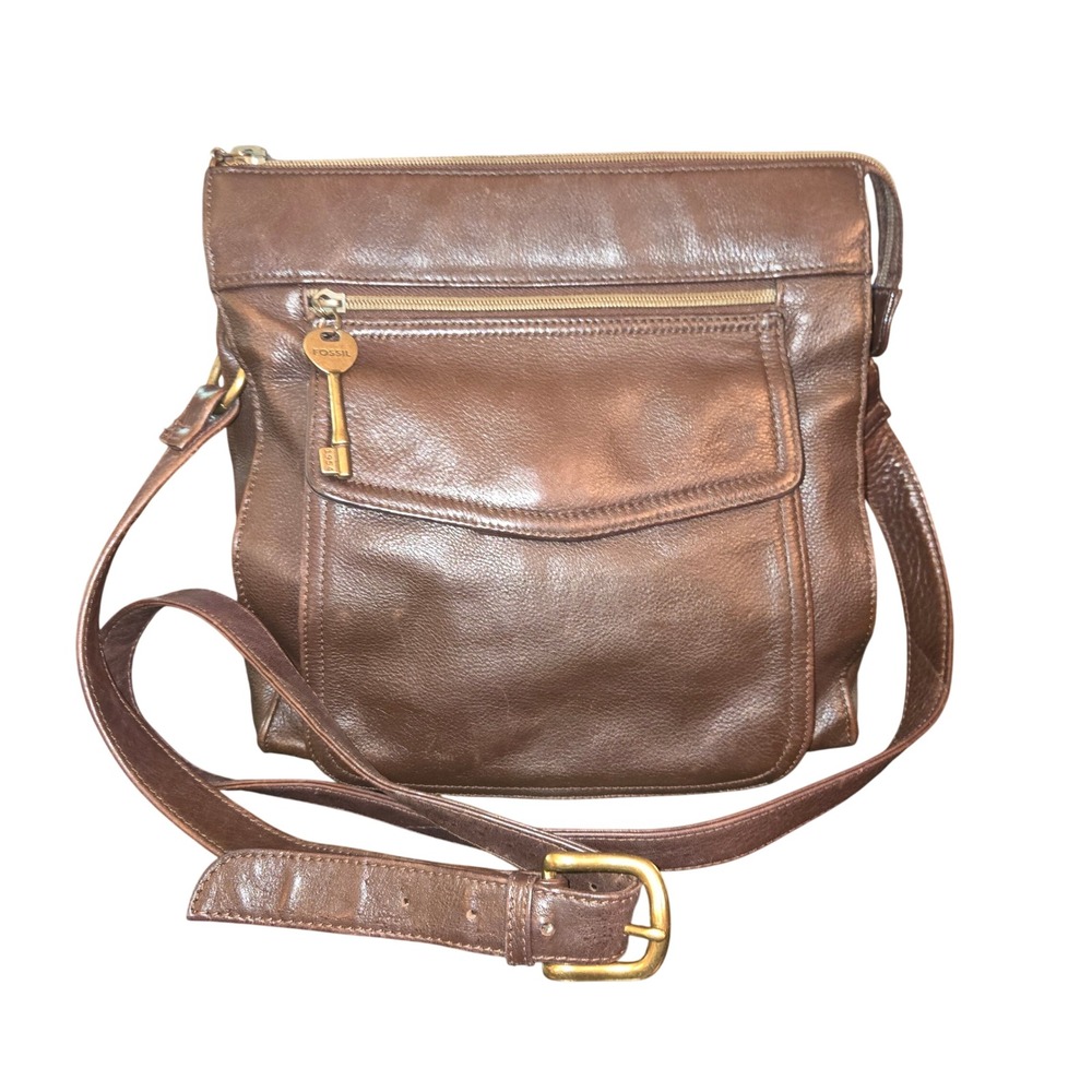 Fossil 1954 Crossbody Bag Women‎ Med Brown Leather Vintage 75082 Brass Key Charm